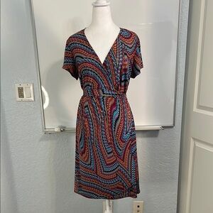 Emma & Michele Blue and Pink Flutter Sleeve Wrap Midi Dress